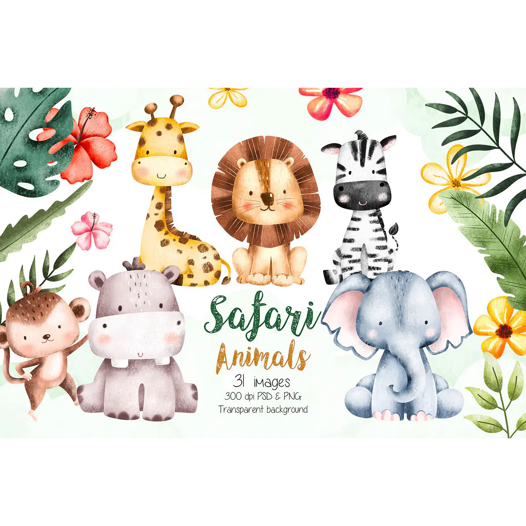 Kit Digital Animais Safari Aquarela PNG 1