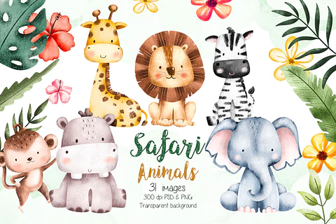 Kit Digital Animais Safari Aquarela PNG