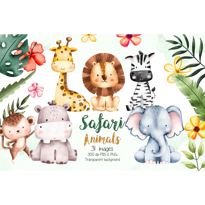 Kit Digital Animais Safari Aquarela PNG 1