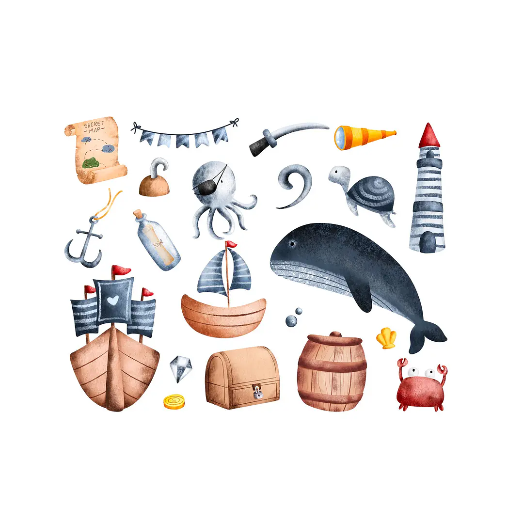 Kit Digital Piratas Fundo do Mar Aquarela PNG - Envio imediato 2