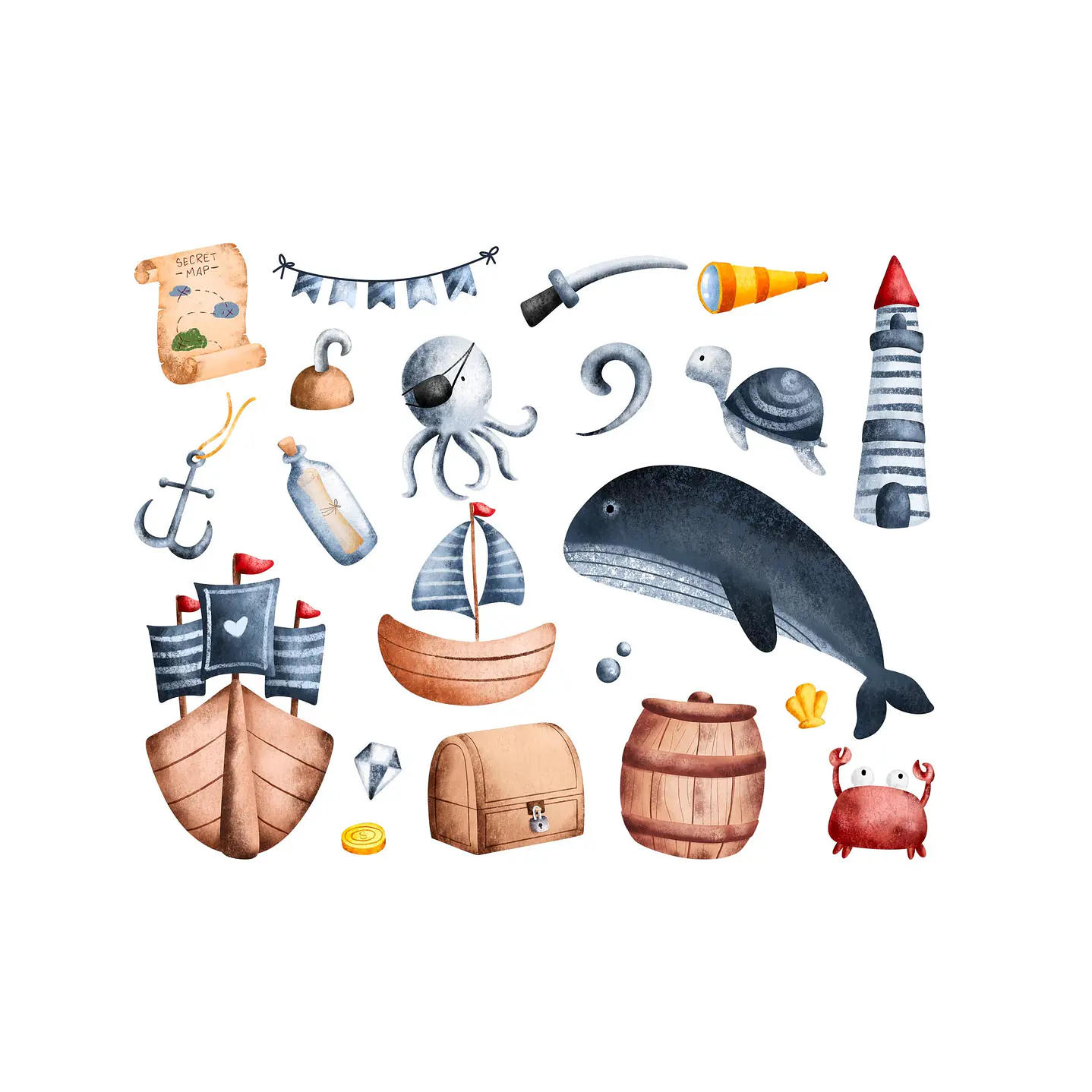 Kit Digital Piratas Fundo do Mar Aquarela PNG - Envio imediato 2