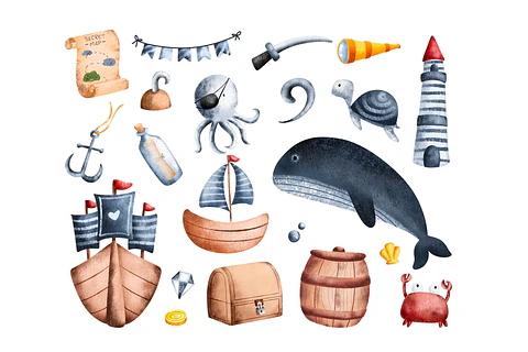 Kit Digital Piratas Fundo do Mar Aquarela PNG - Envio imediato