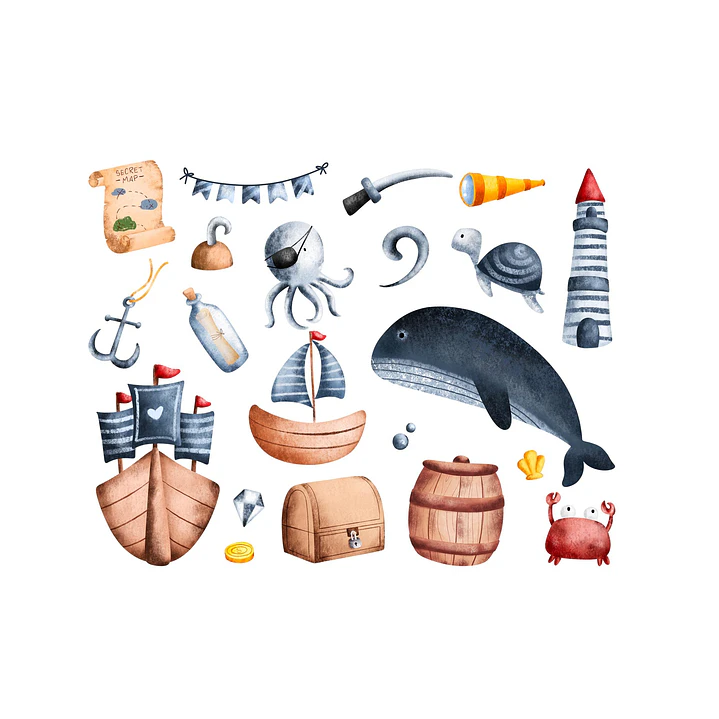 Kit Digital Piratas Fundo do Mar Aquarela PNG - Envio imediato 2