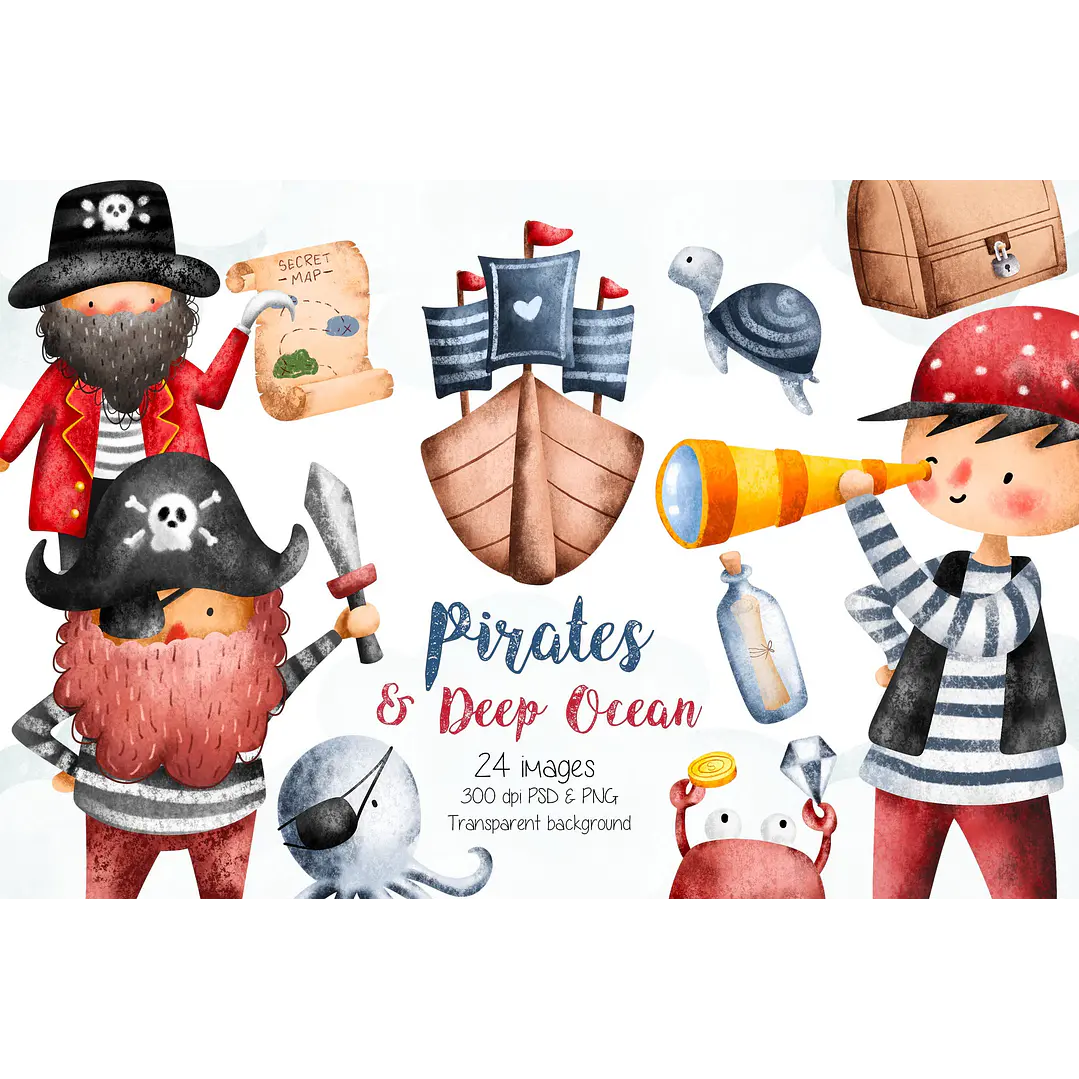 Kit Digital Piratas Fundo do Mar Aquarela PNG - Envio imediato 1