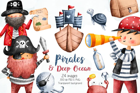 Kit Digital Piratas Fundo do Mar Aquarela PNG - Envio imediato