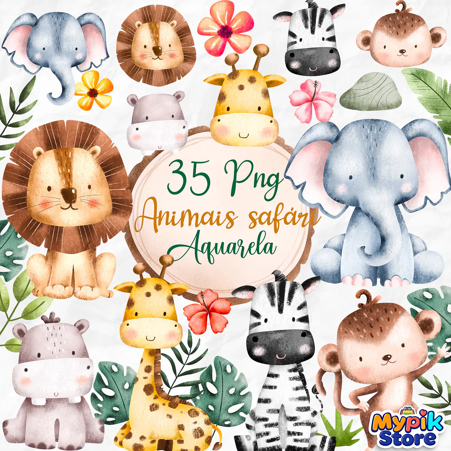 Kit Digital Animais Safari Aquarela PNG 1