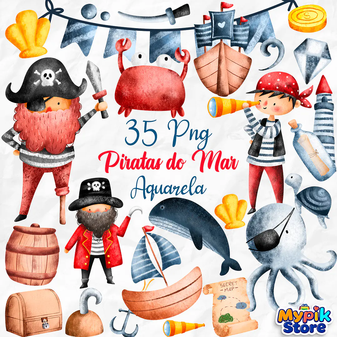 Kit Digital Piratas Fundo do Mar Aquarela PNG - Envio imediato 1
