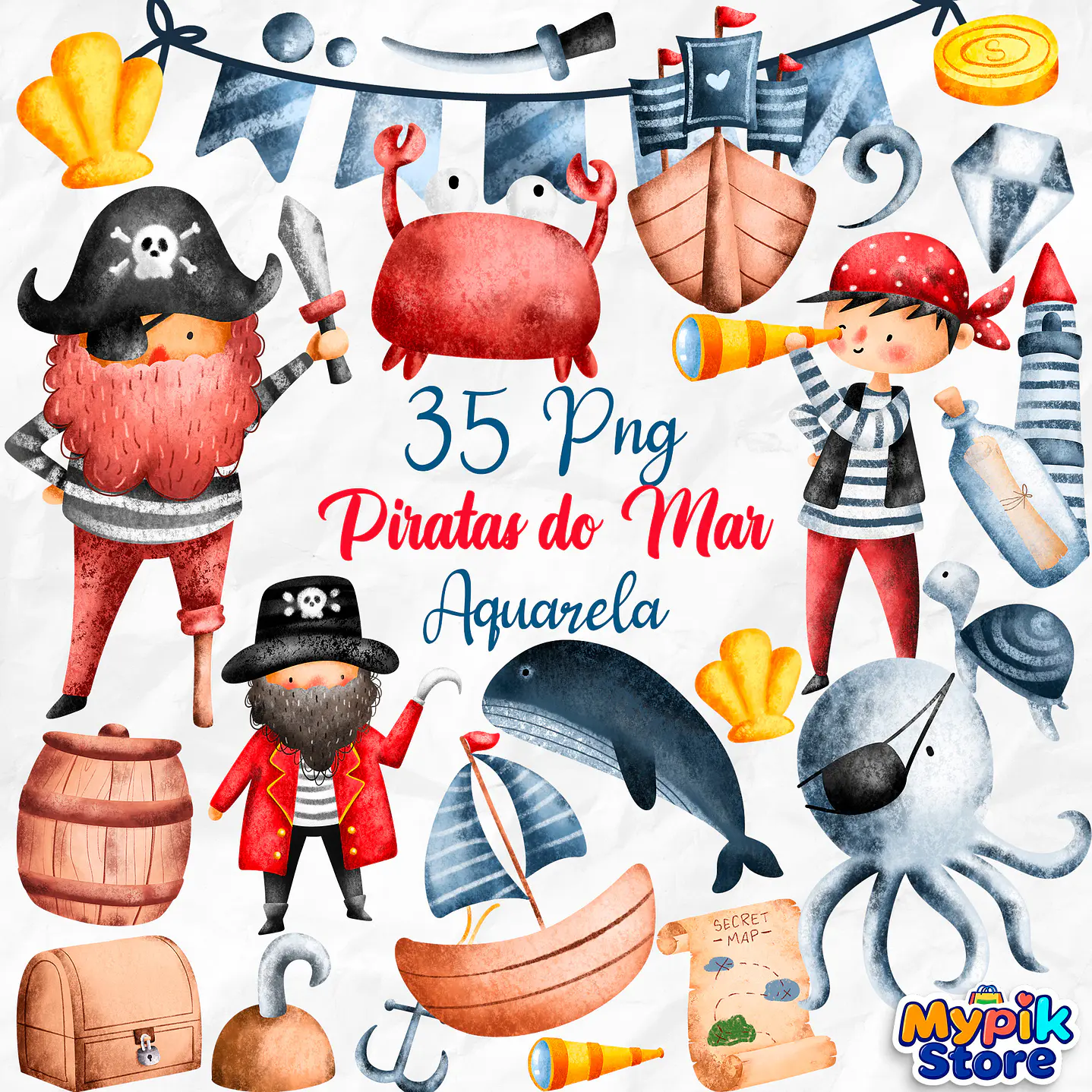 Kit Digital Piratas Fundo do Mar Aquarela PNG - Envio imediato 1
