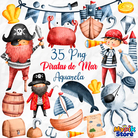 Kit Digital Piratas Fundo do Mar Aquarela PNG - Envio imediato