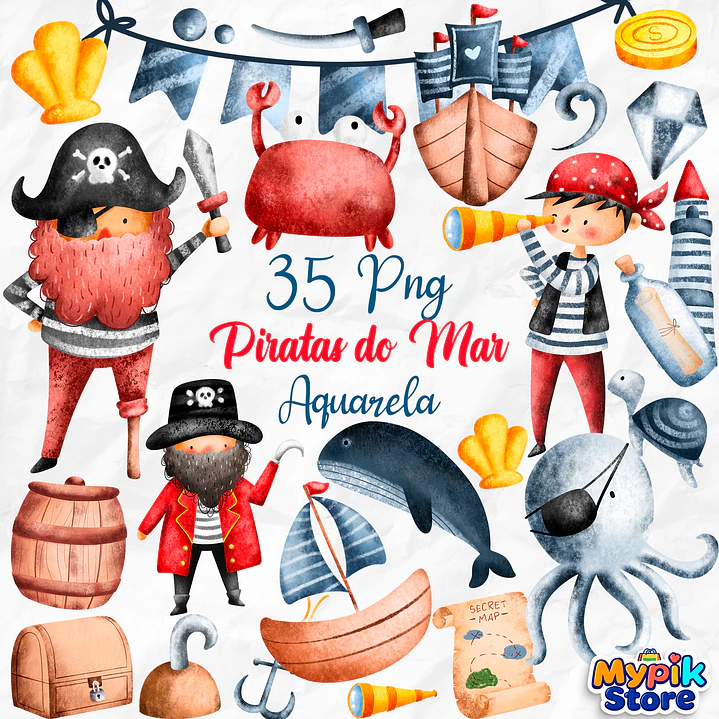 Kit Digital Piratas Fundo do Mar Aquarela PNG - Envio imediato 1