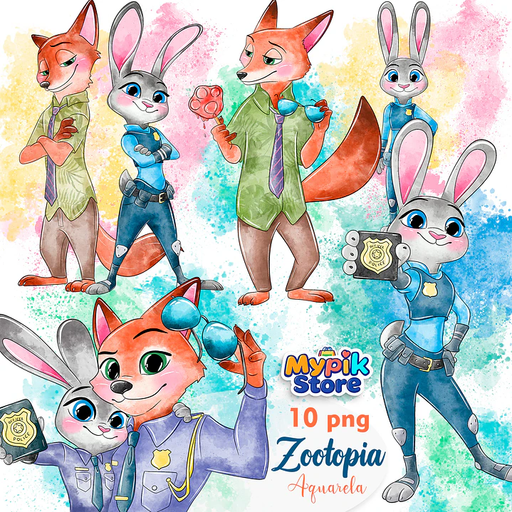 Kit Digital Zootopia Aquarela Imagens PNG - Envio imediato   1