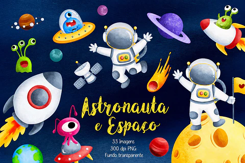Kit Digital Aquarela Astronauta e Espaço PNG