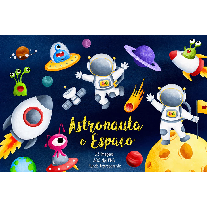 Kit Digital Aquarela Astronauta e Espaço PNG 1