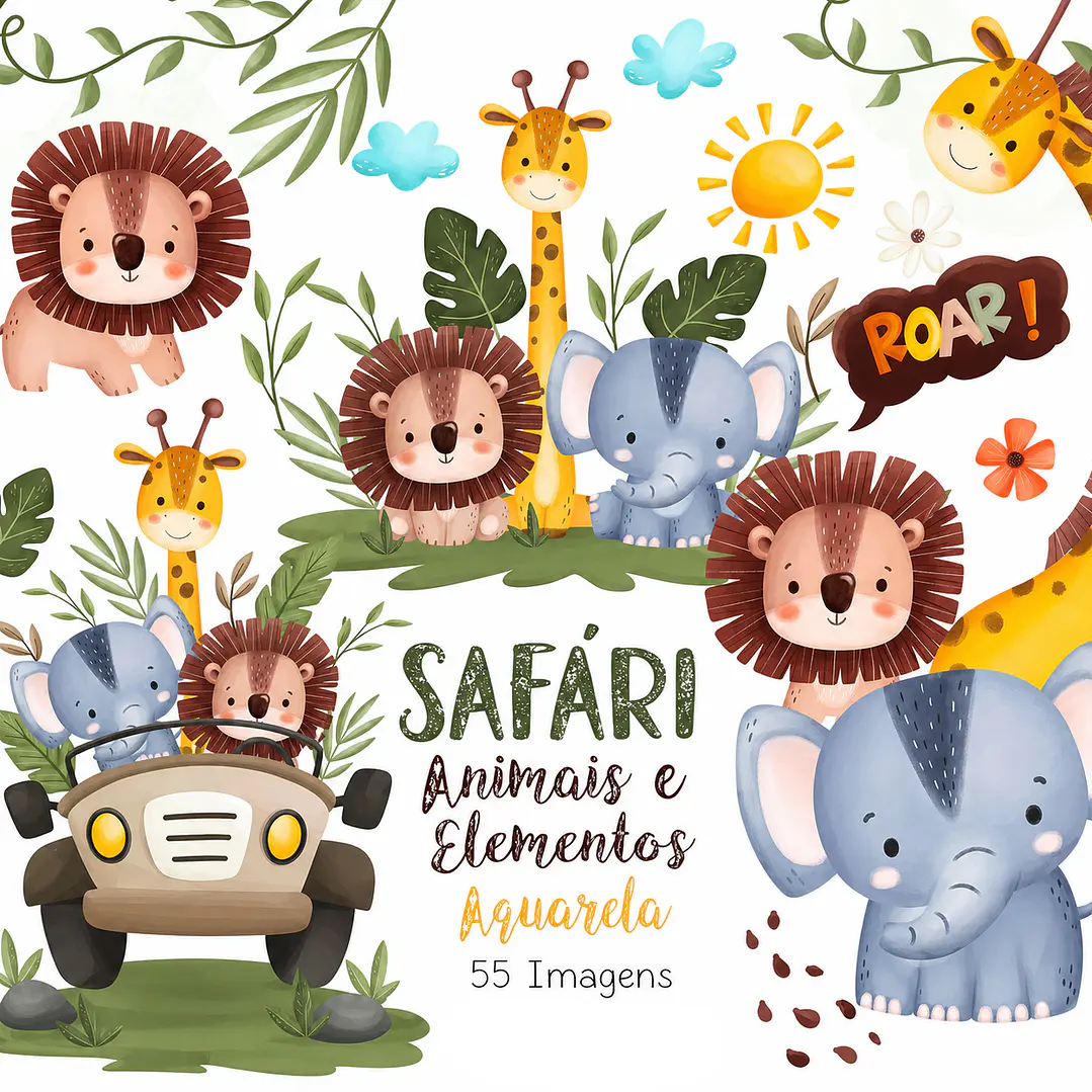 Kit Digital Safari Aquarela PNG 55 Imagens 1