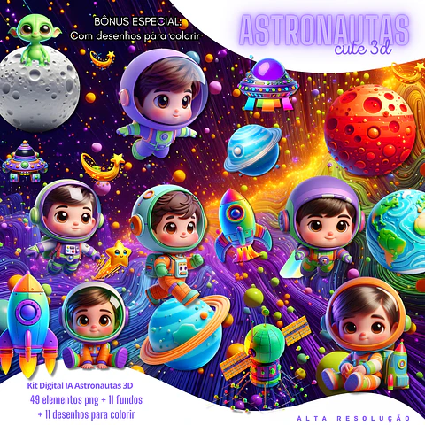 Kit Digital Espaço Infantil 3D PNG - Astronautas Cute