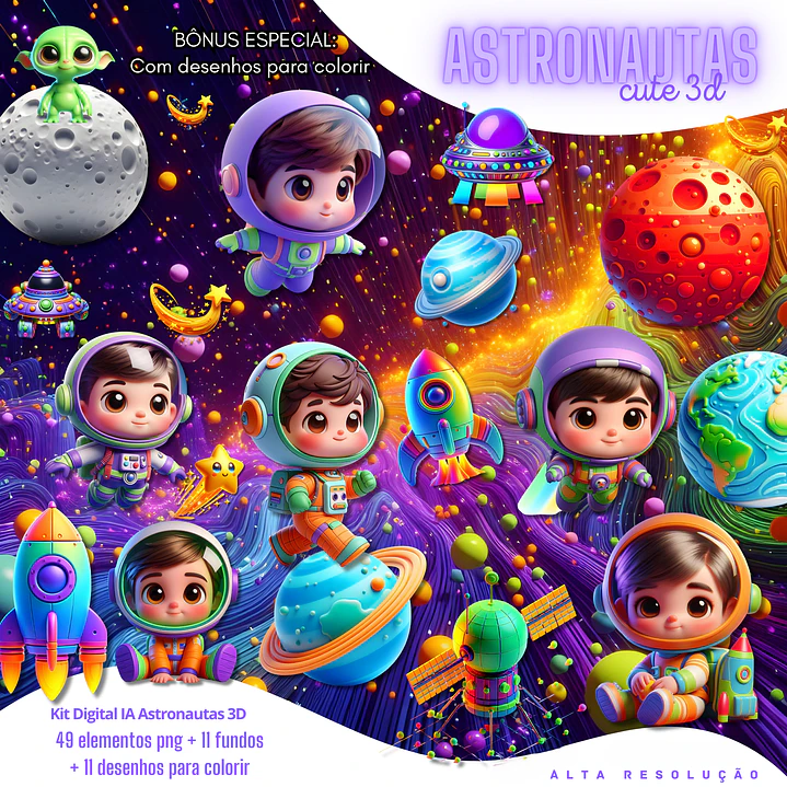 Kit Digital Espaço Infantil 3D PNG - Astronautas Cute 1