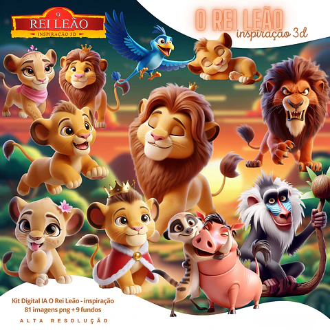 Kit Digital Safari Rei Leão 3D Cute PNG 