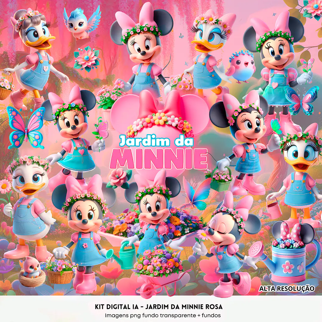 Kit Digital Minnie Jardim Rosa PNG e Fundos JPG 1