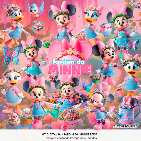 Kit Digital Minnie Jardim Rosa PNG e Fundos JPG