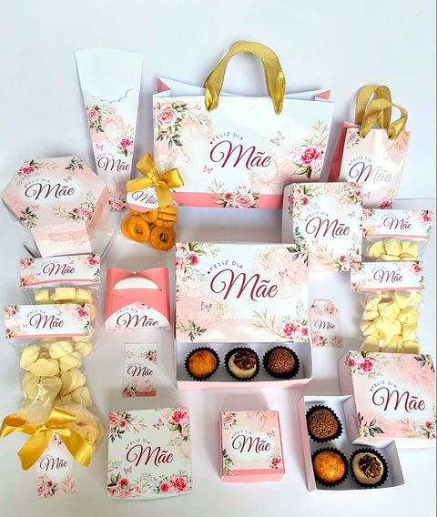 Kit Dia das Mães Floral Rosa Vintage Sacolas e Caixas para Imprimir