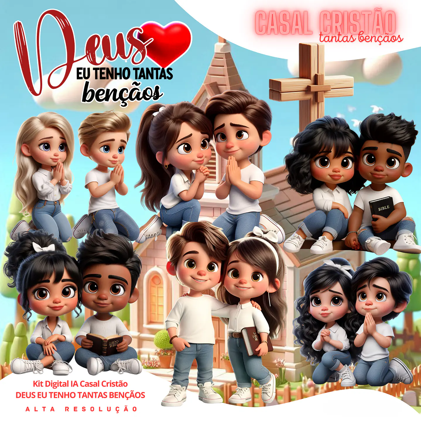 Kit Digital Casal Cristão PNG 3D Deus Eu Tenho Tantas Bençãos 1