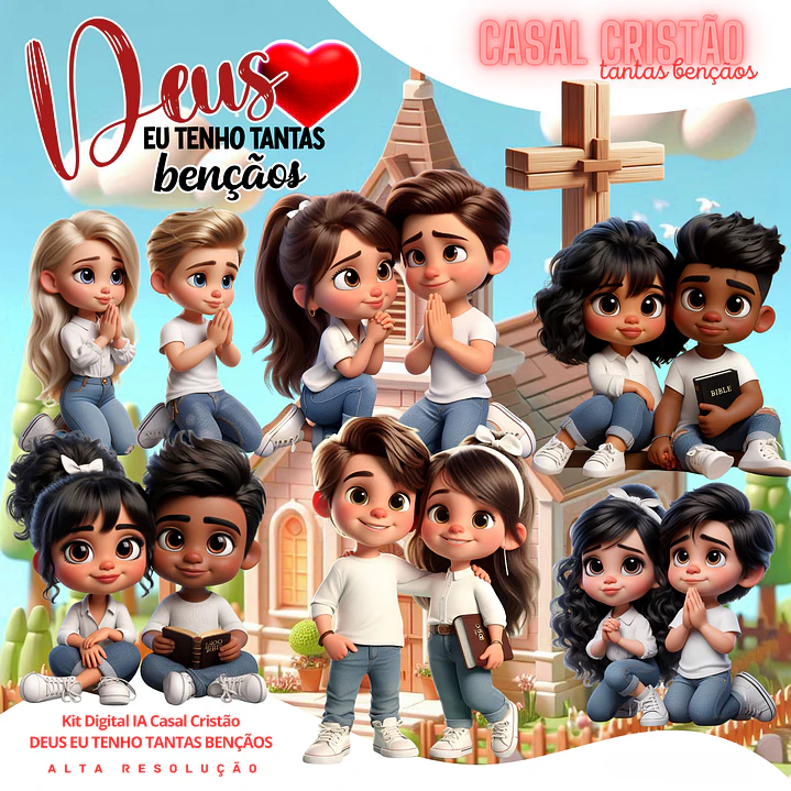 Kit Digital Casal Cristão PNG 3D Deus Eu Tenho Tantas Bençãos 1