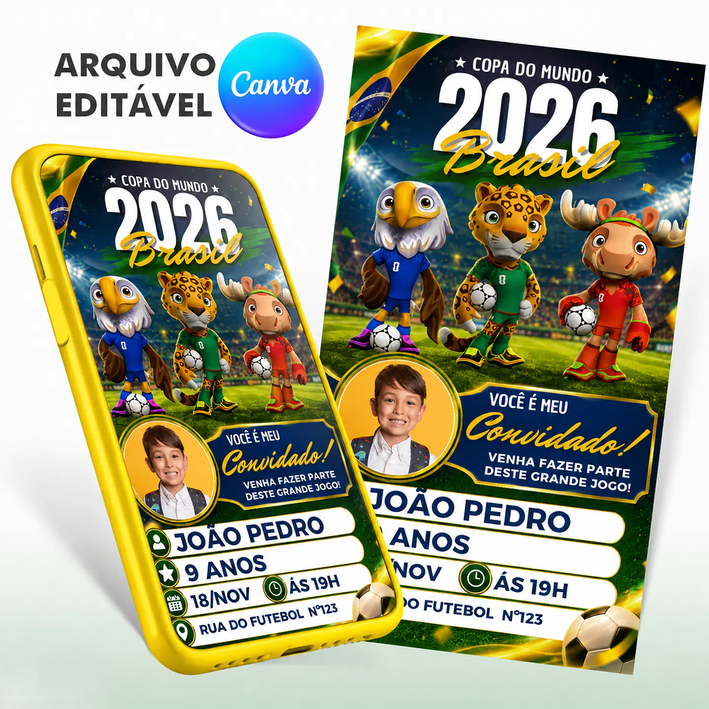 Convite Copa do Mundo 2026 Brasil Canva Editável para WhatsApp 1