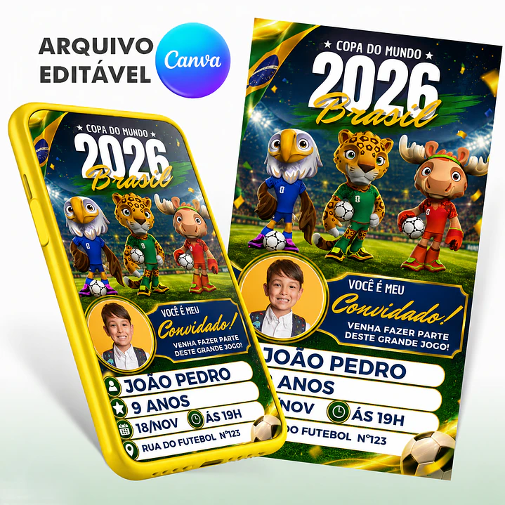 Convite Copa do Mundo 2026 Brasil Canva Editável para WhatsApp 1