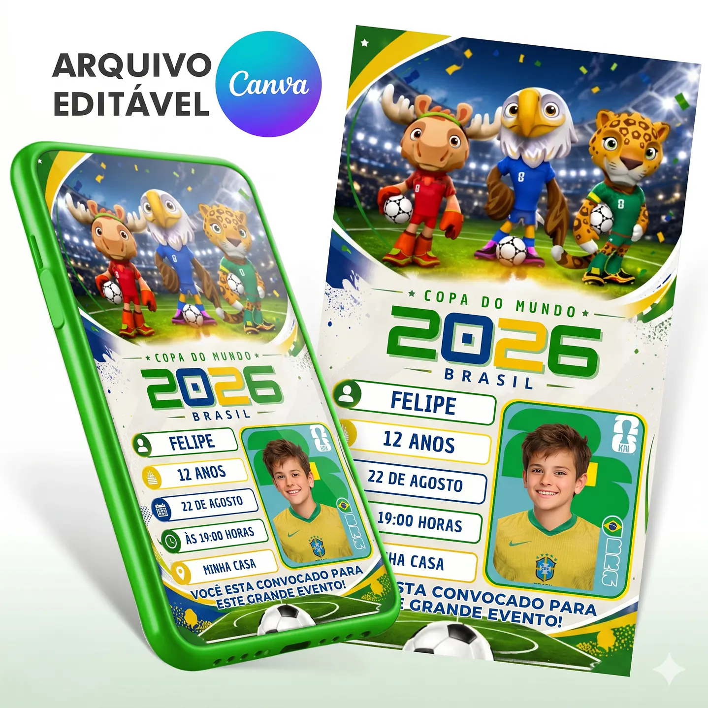 Convite Digital Futebol Copa 2026 Infantil Editável no Canva 1
