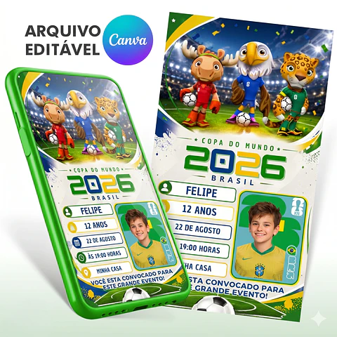 Convite Digital Futebol Copa 2026 Infantil Editável no Canva