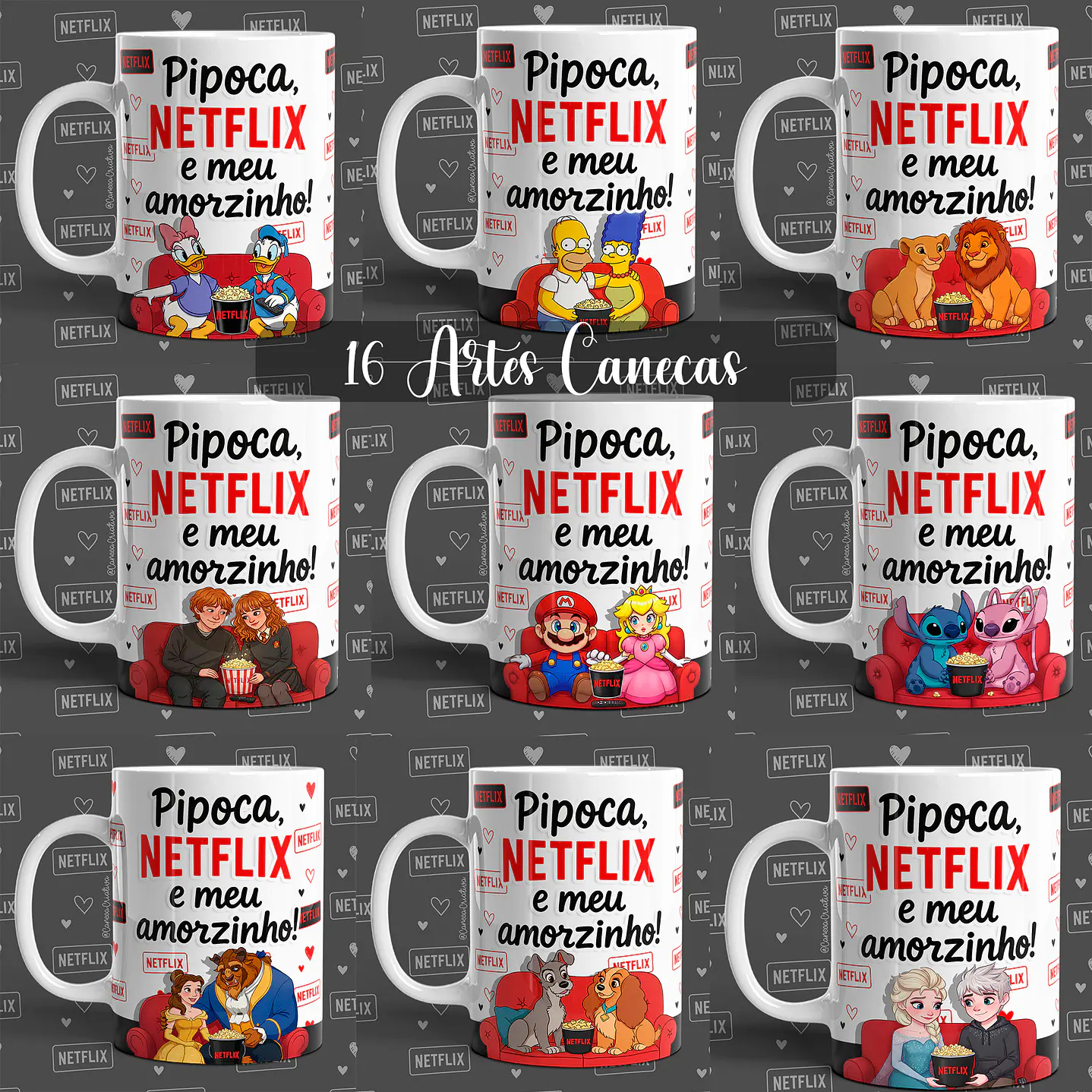 Kit Canecas Netflix Românticas PNG para Sublimação 1