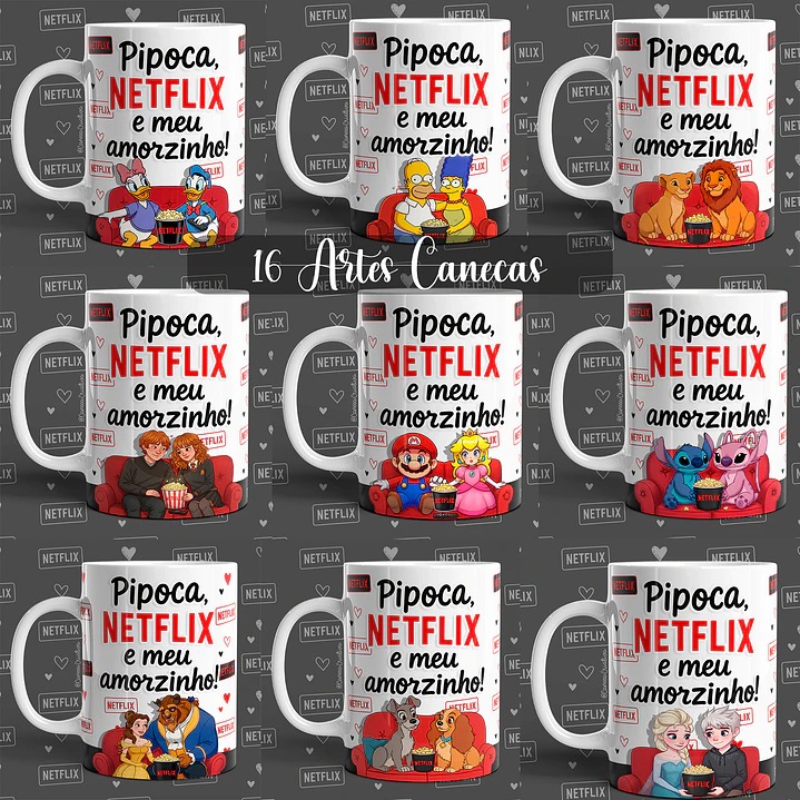Kit Canecas Netflix Românticas PNG para Sublimação 1