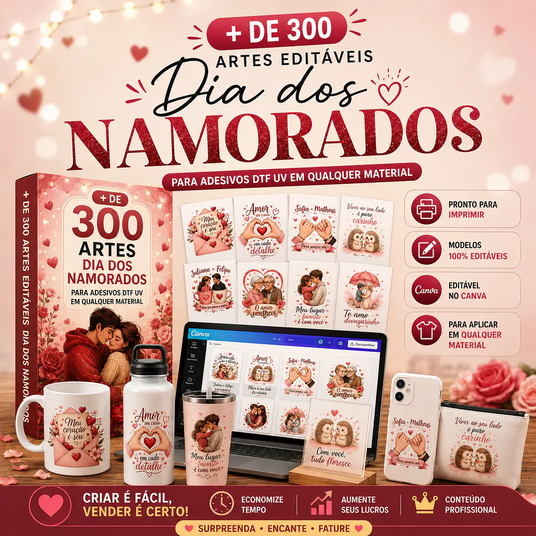 Kit Digital Artes Adesivo DTF UV Dia dos Namorados Editáveis Canva 1