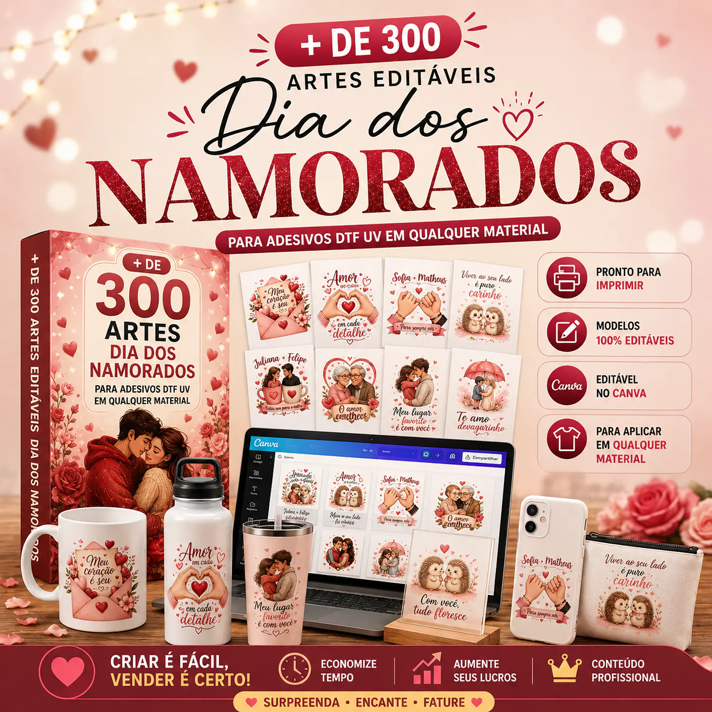 Kit Digital Artes Adesivo DTF UV Dia dos Namorados Editáveis Canva 1