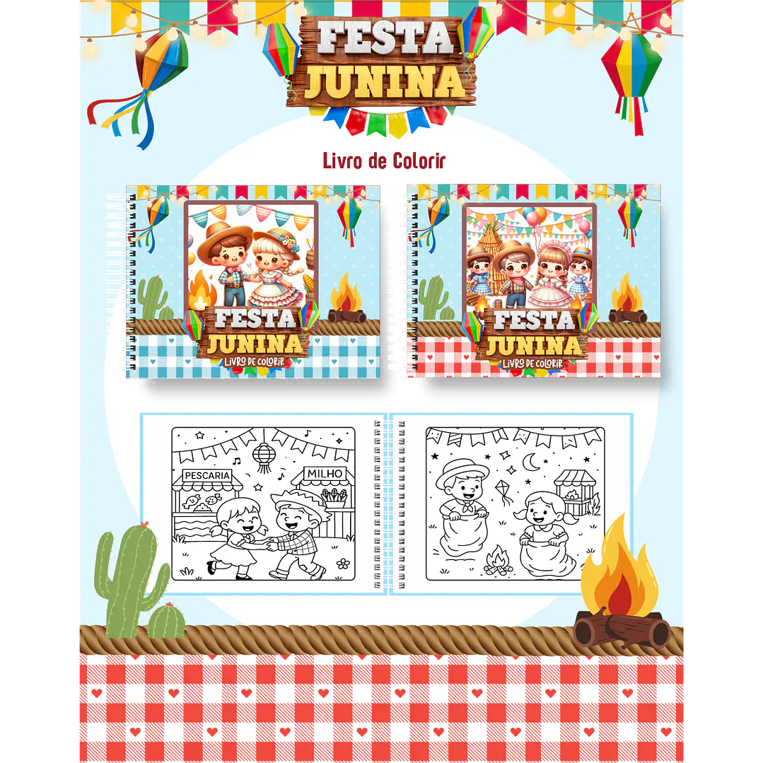 Kit Digital Festa Junina para Colorir – 50 Desenhos em PDF 1