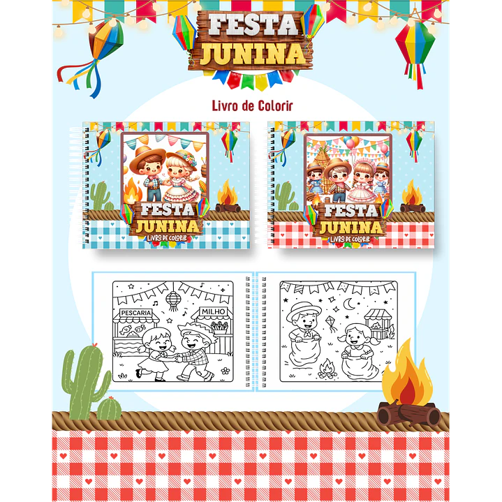 Kit Digital Festa Junina para Colorir – 50 Desenhos em PDF 1