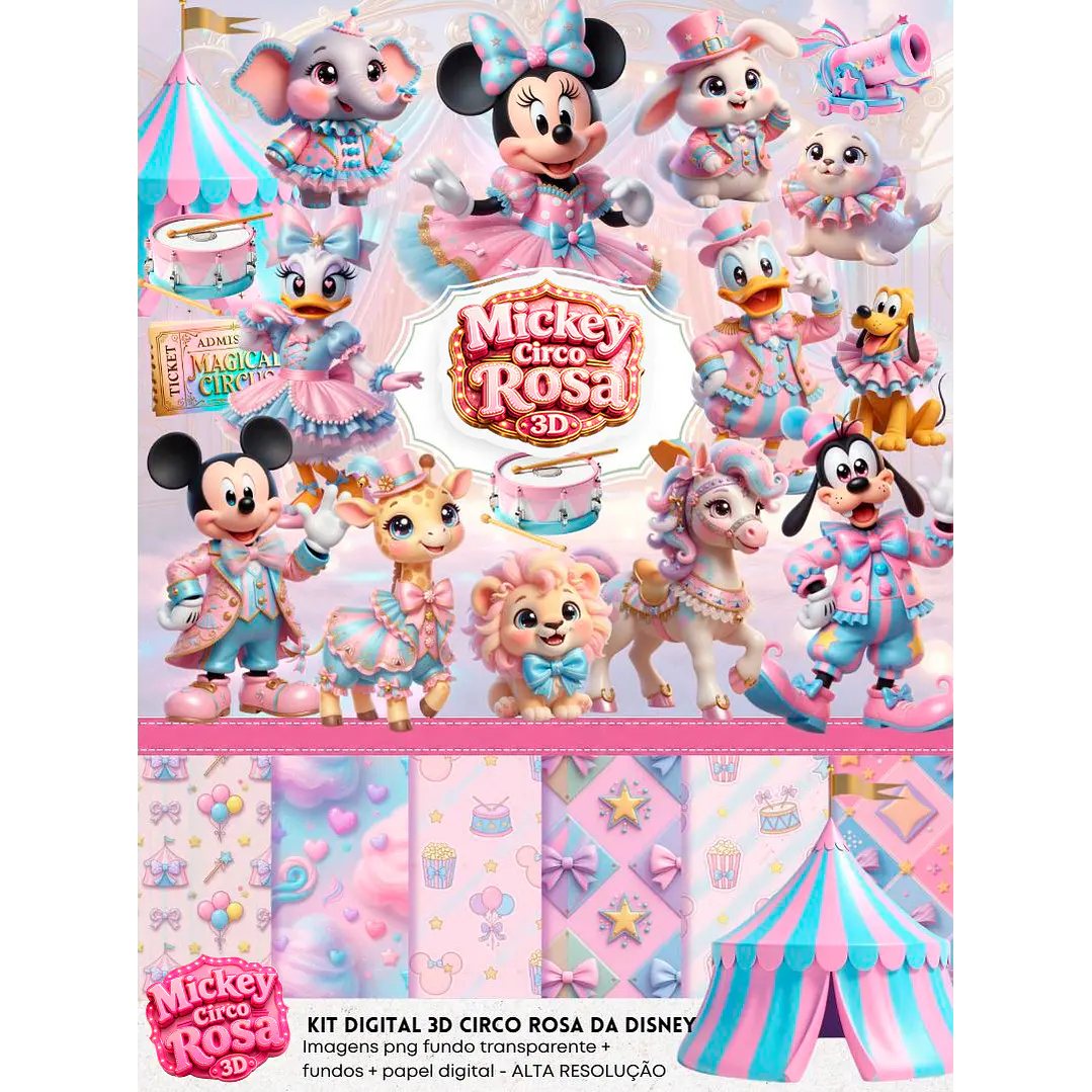 Kit Digital Mickey Circo Rosa 3D PNG e Fundos JPG 2