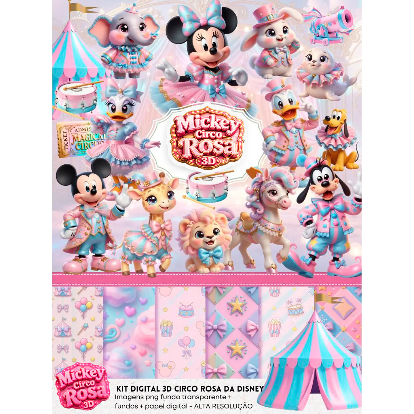Kit Digital Mickey Circo Rosa 3D PNG e Fundos JPG 2
