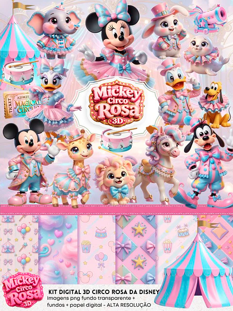 Kit Digital Mickey Circo Rosa 3D PNG e Fundos JPG
