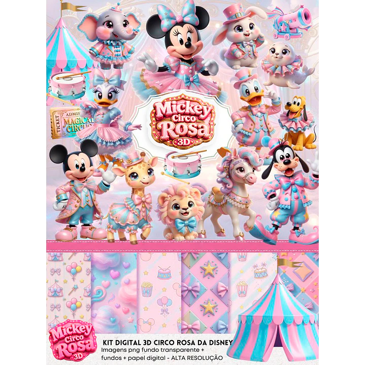 Kit Digital Mickey Circo Rosa 3D PNG e Fundos JPG 2
