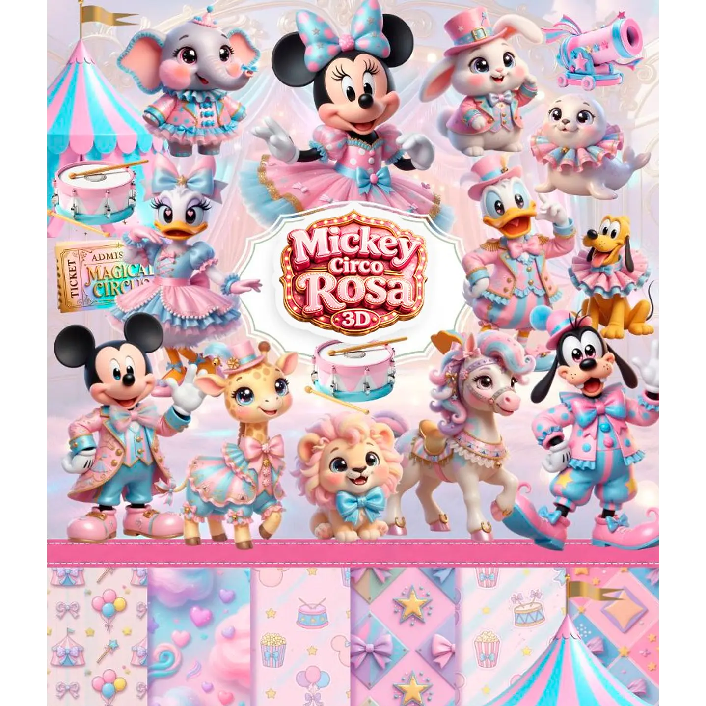 Kit Digital Mickey Circo Rosa 3D PNG e Fundos JPG 1