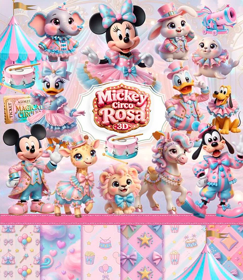 Kit Digital Mickey Circo Rosa 3D PNG e Fundos JPG
