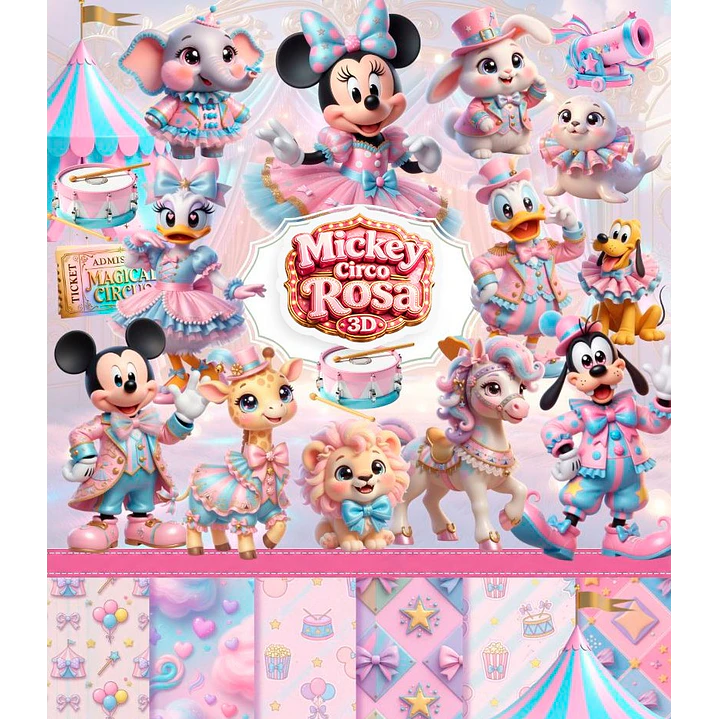 Kit Digital Mickey Circo Rosa 3D PNG e Fundos JPG 1