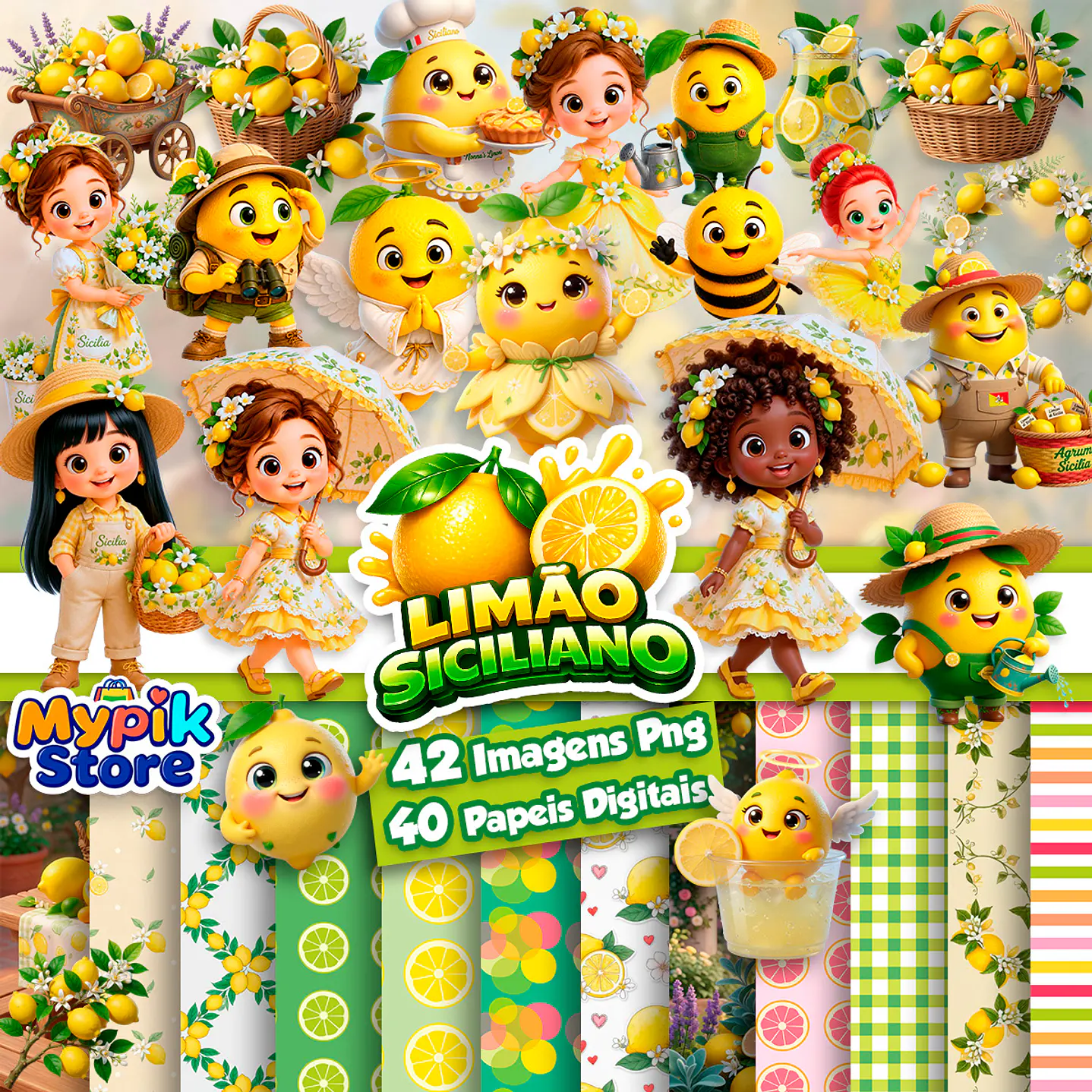 Kit Digital Limão Siciliano PNG e Papéis Digitais 1