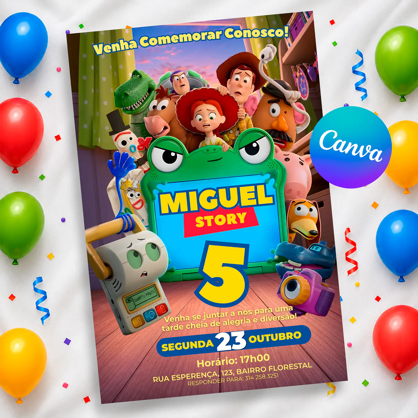 Convite Digital Toy Story 5 Editável no Canva 1
