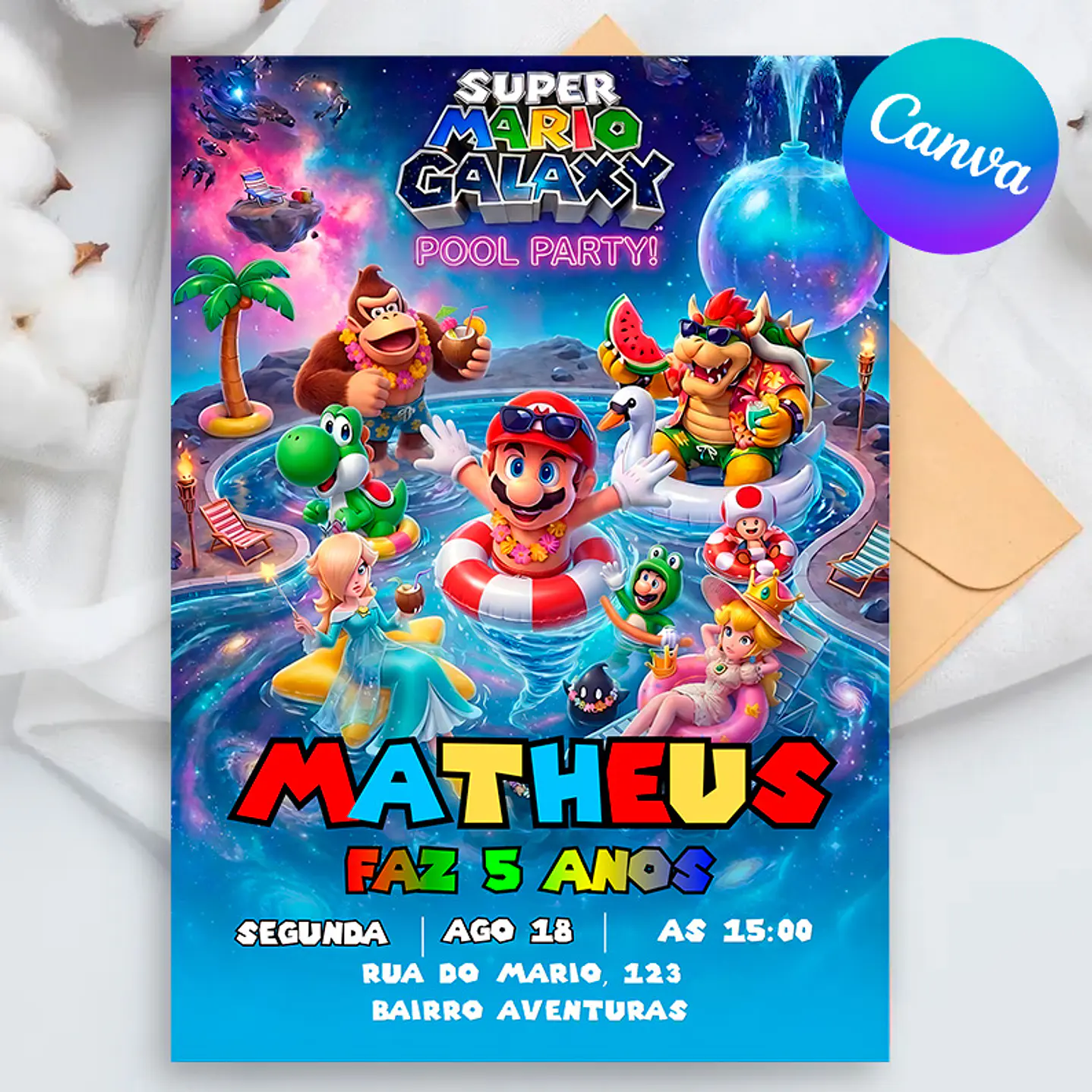 Convite Super Mario Galaxy Pool Party Editável no Canva 1