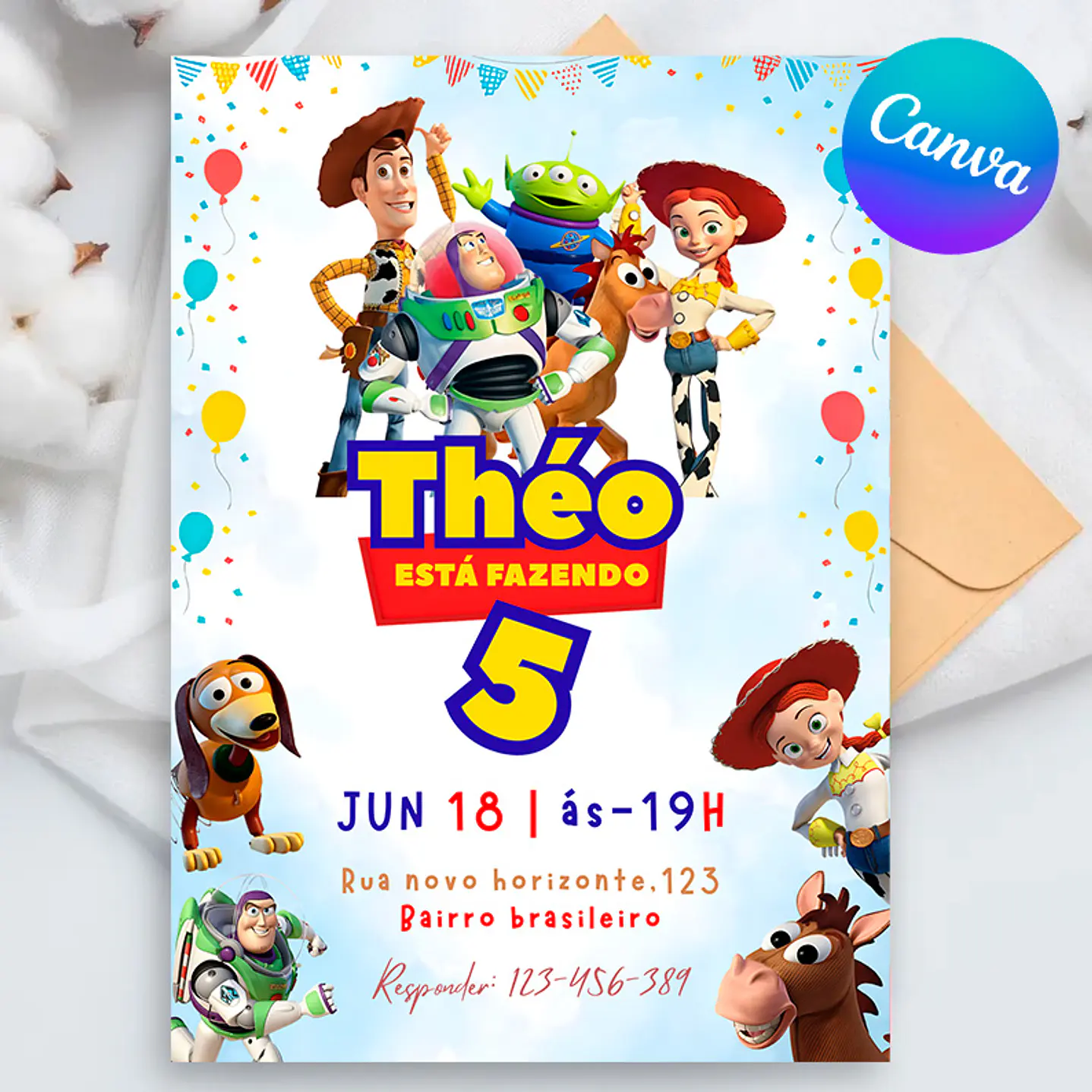 Convite Digital Toy Story Editável no Canva - Download Imediato 1
