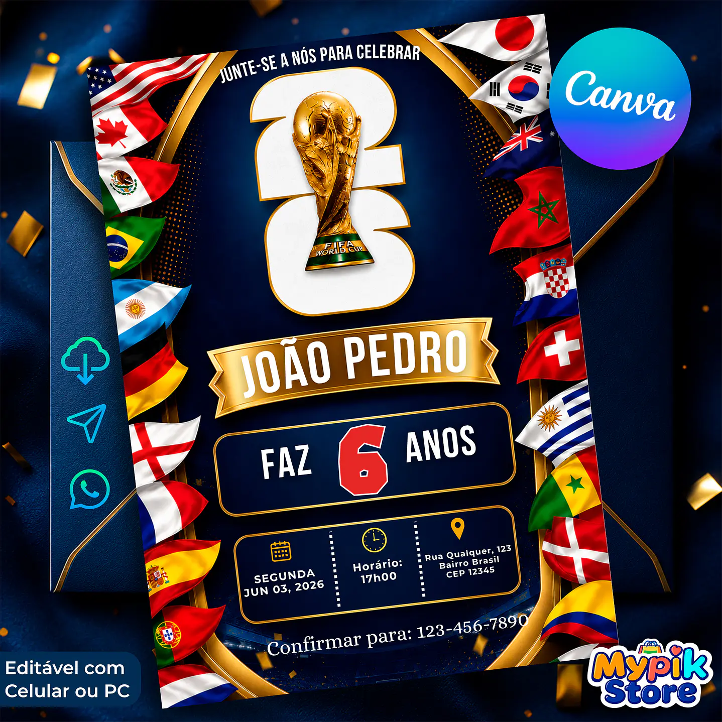 Convite Aniversário Futebol Copa 2026 Editável com Canva 1
