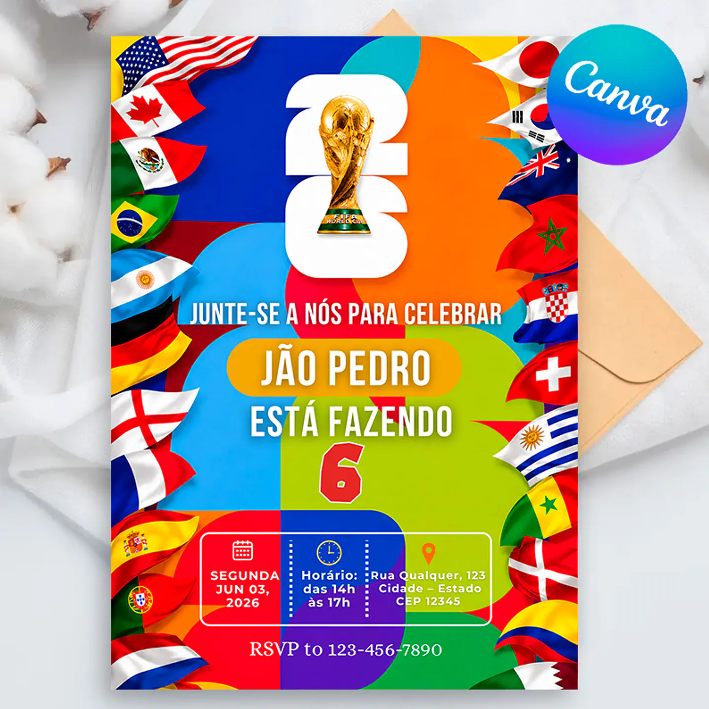 Convite Aniversário Futebol Copa 2026 Editável com Canva  1
