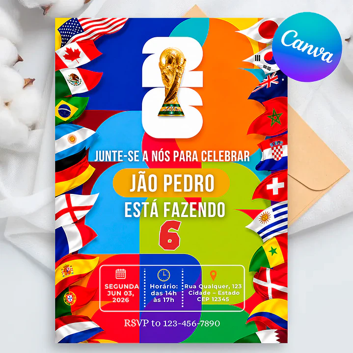 Convite Aniversário Futebol Copa 2026 Editável com Canva  1
